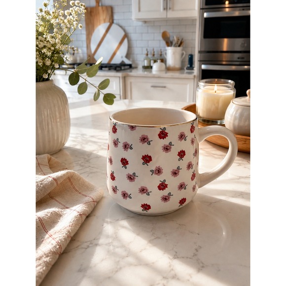 Threshold Other - Threshold Stoneware Floral Rose Coffee Mug Cream Pink Red Gold Rim